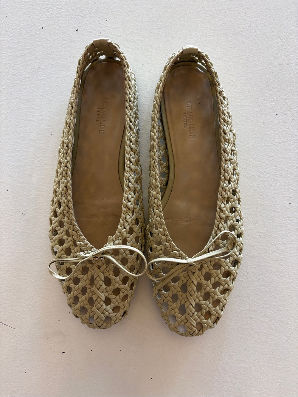 Woven Bow Ballet Flats in Light Beige